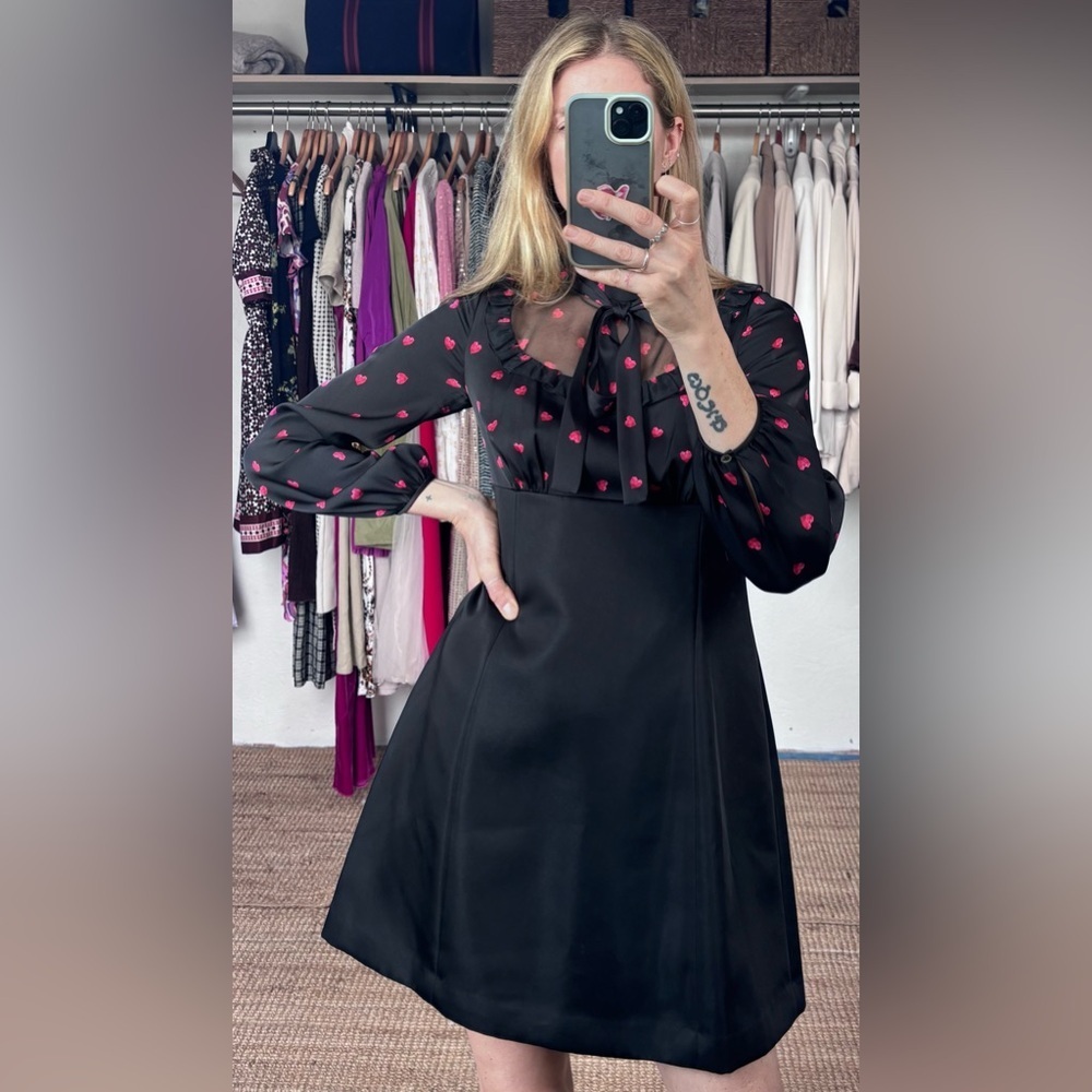 PORTS Silk Black Red Heart Pattern Long Sleeve Ruffle Bow Tie Mini Dress - Picture 3 of 14